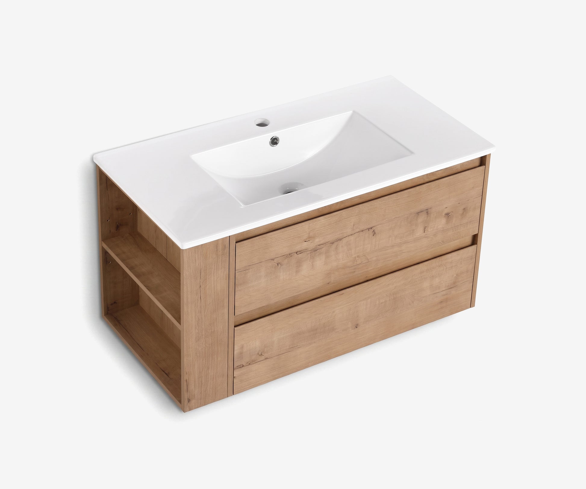 Soffit Wall-Mount Vanity 36" Oak w/ Shelf · 1