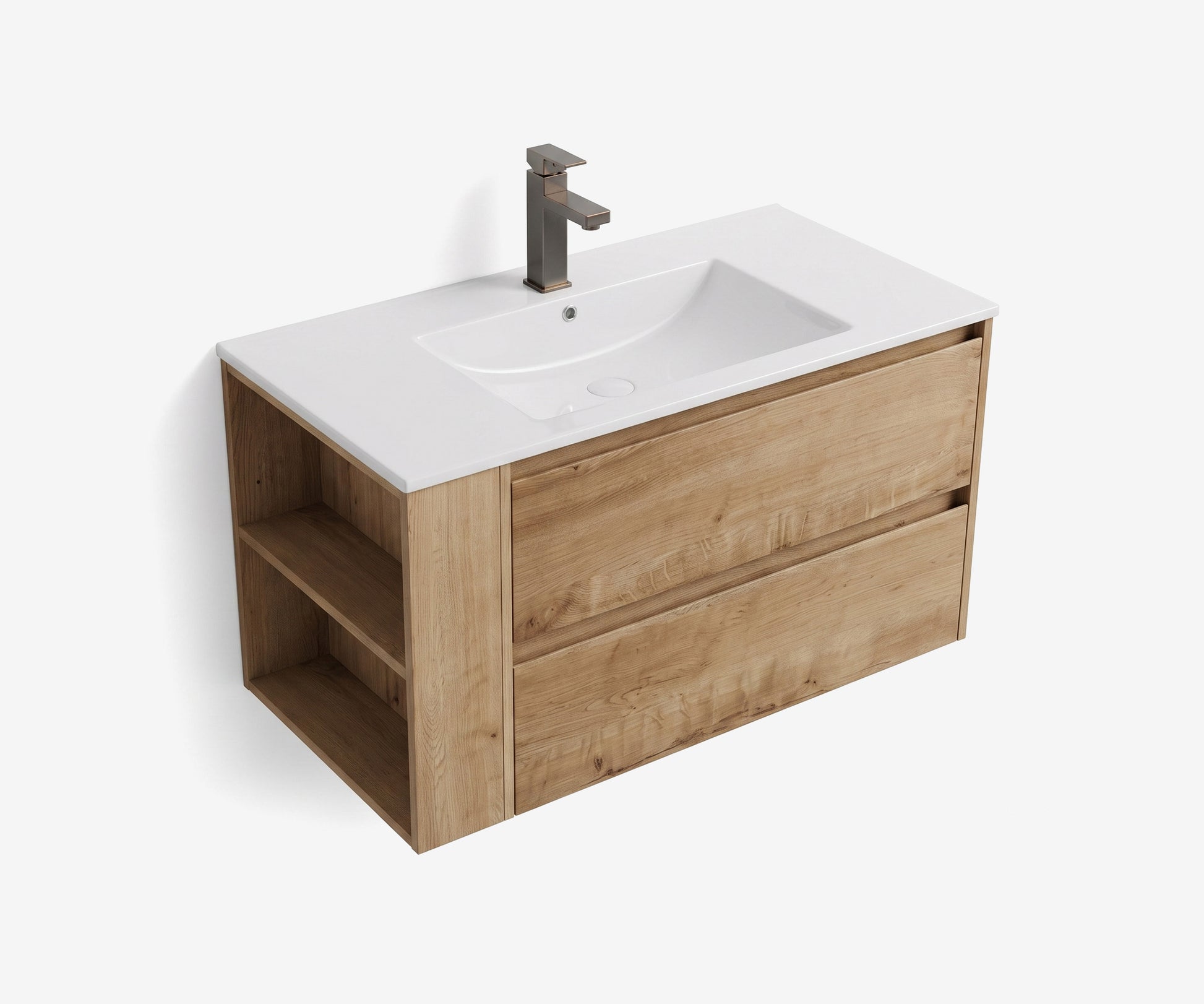 Soffit Wall-Mount Vanity 36" Oak w/ Shelf · 7