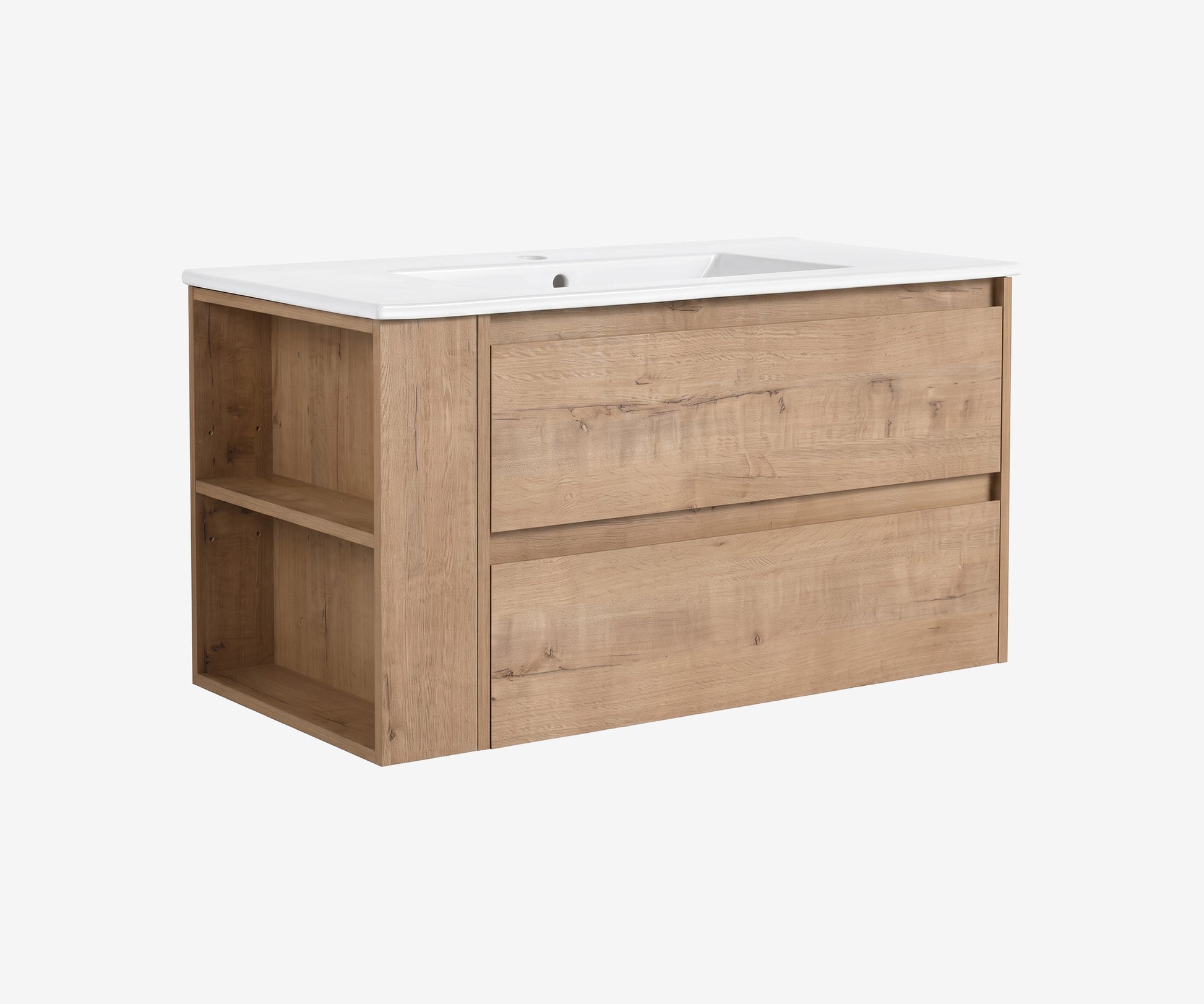 Soffit Wall-Mount Vanity 36" Oak w/ Shelf · 8